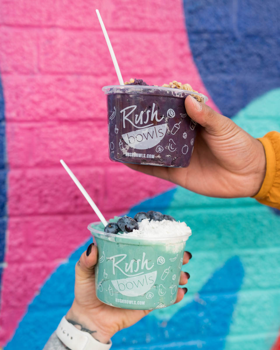 A picture of two Rush Bowls's blended fruit bowls, perfect those looking to invest in the health food industry.