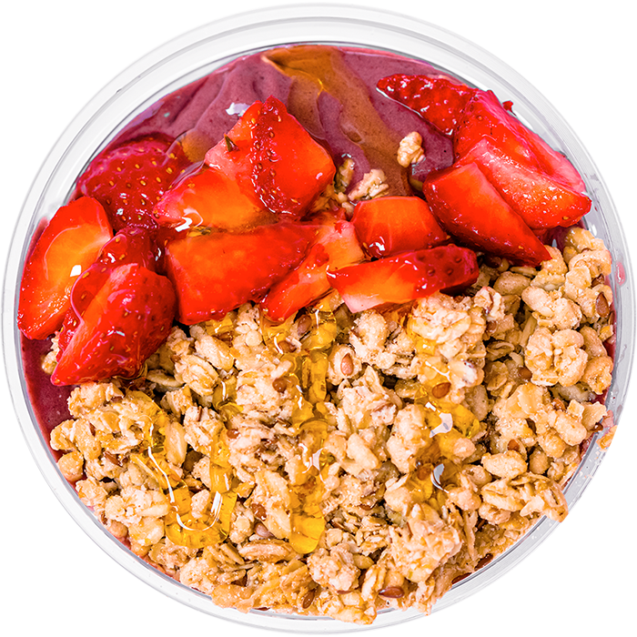 Organic hemp granola smoothie topper with honey and strawberry.