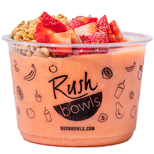 Our yummy orange smoothie bowl flavored with mango, pineapple, and peach juice. 