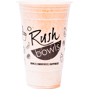 A light orange smoothie with graonal, peanut butter, and banana flavoring. 