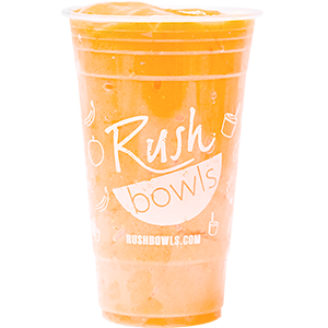 Strawberry, mango, and banana flavored yellow Rush Bowls smoothie. 